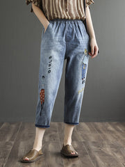 Original Cartoon Printed Denim Capri-Pants