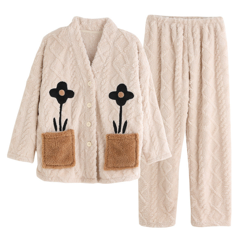 Casual Coral Fleece Jacquard Long Sleeve Cardigan Top & Pants Pajamas Set