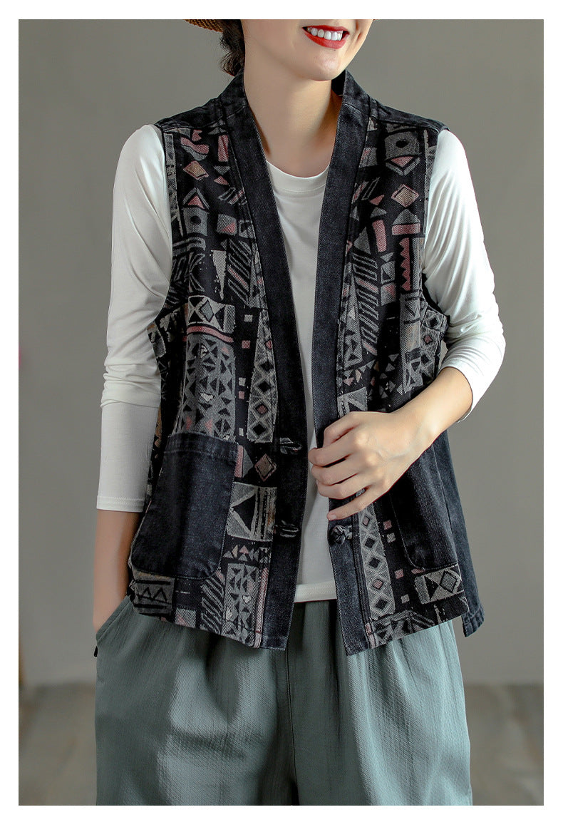 Retro Ethnic Printed Splicing Waistcoat