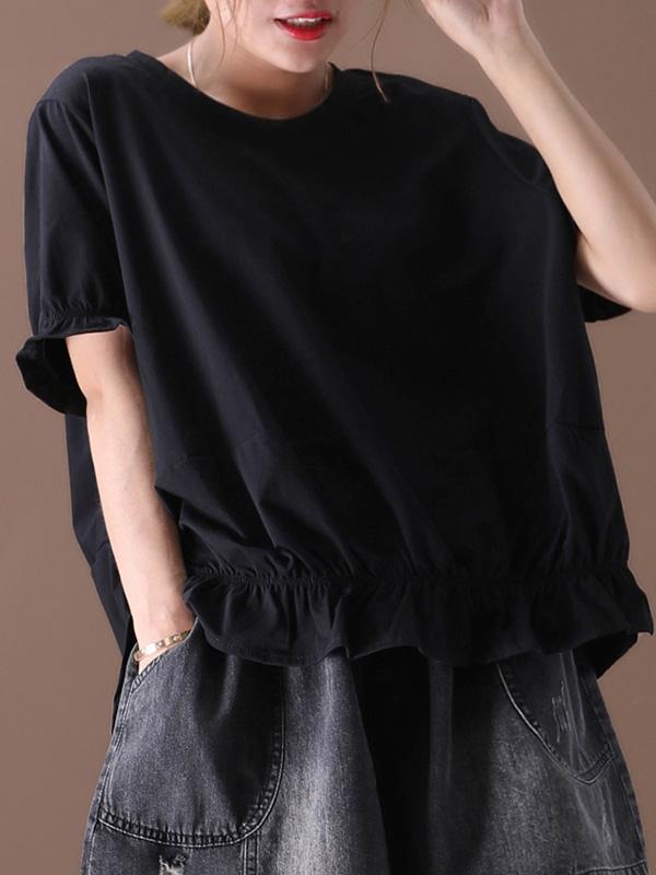 Simple Solid Pleats Falbala T-Shirt