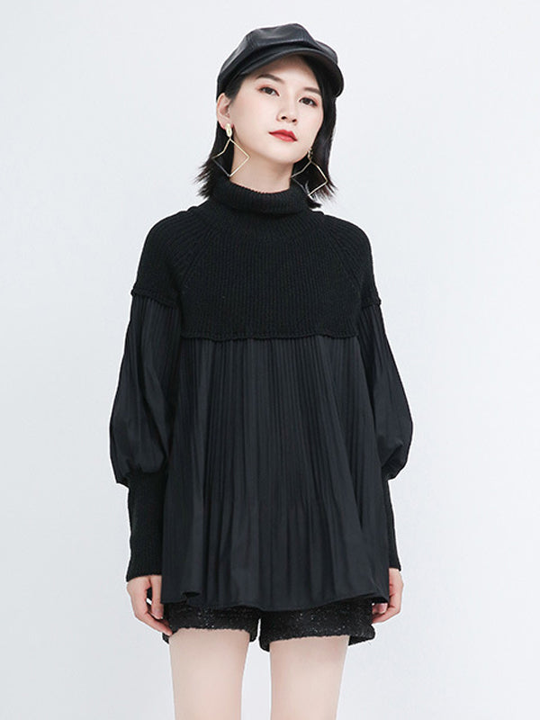 Women High Neck Stitching Pleated Sweater