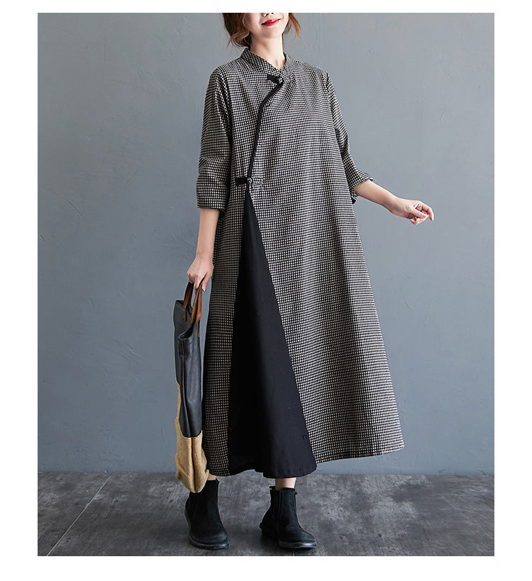 Loose Solid Color Half-Sleeve Cheongsam Midi Dress