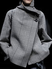 Long Sleeves Loose Asymmetric Houndstooth Plaid Stand Collar Jackets Outerwear