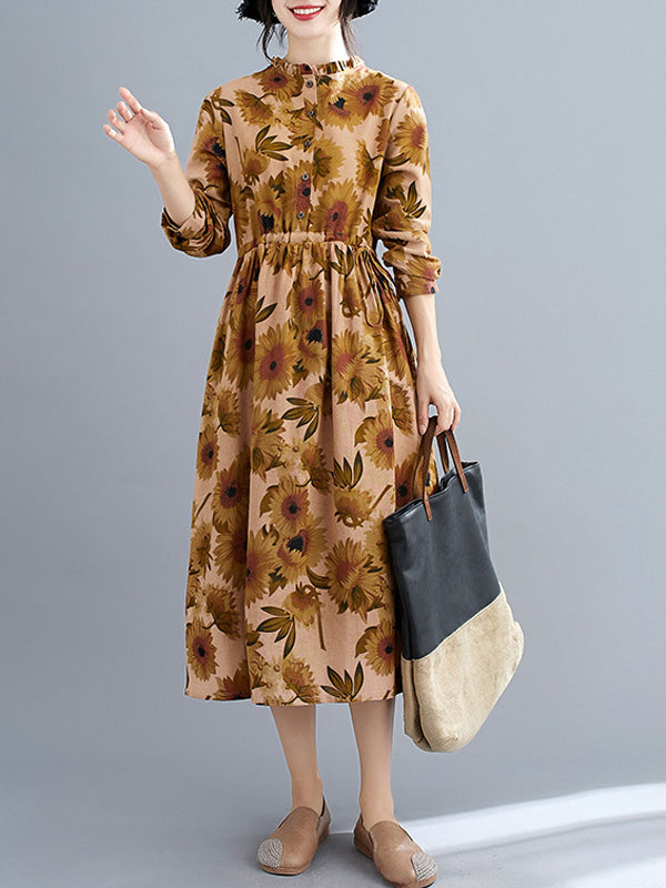 Women Retro Print Stand Collar Dress