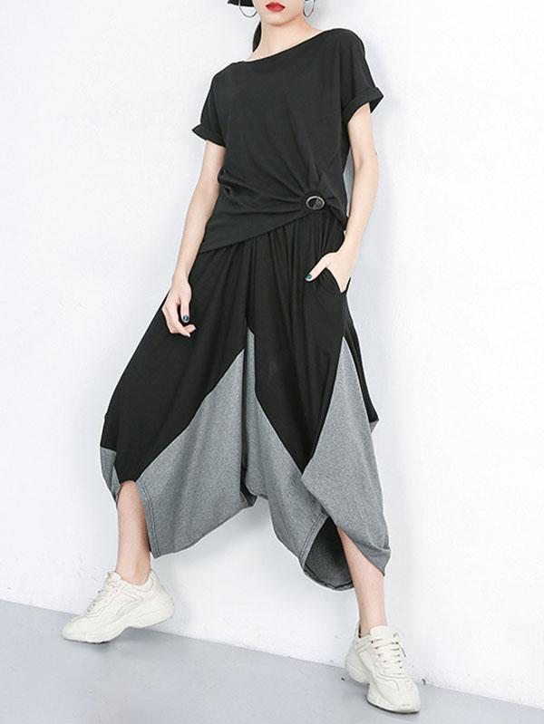 Roomy Wide Leg Contrast Color Elasticity Split-Joint Casual Pants Bottoms