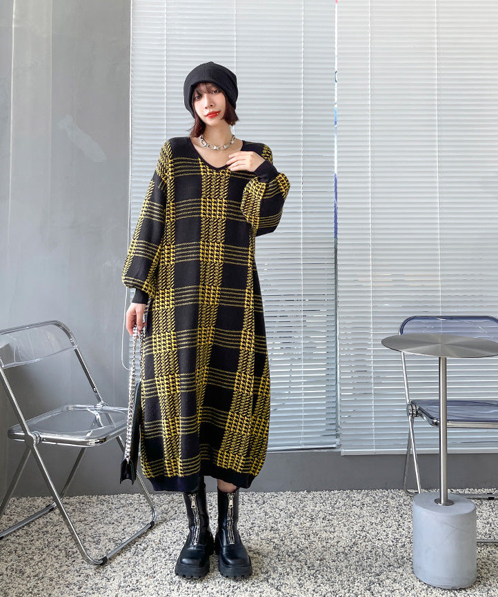 Long Sleeve Loose Mid-Length Knitted Plaid Sweater Dress