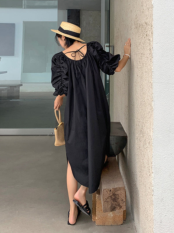 Simple Solid Color Loose Lantern Sleeve Dress