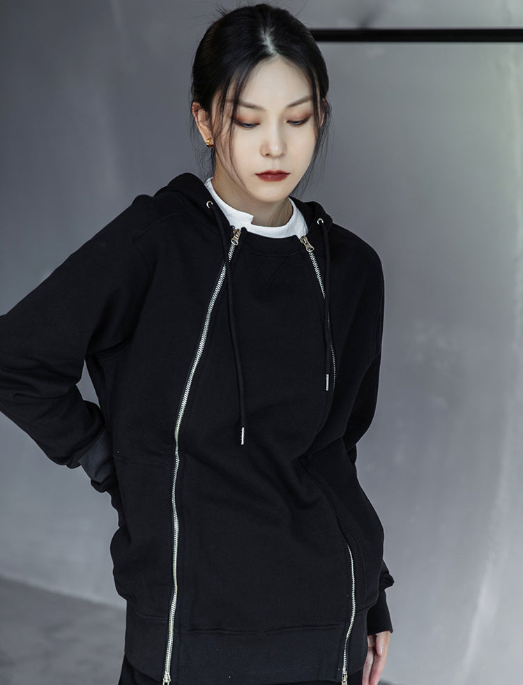 Double Zipper Design Casual Hooded Sweatshirt