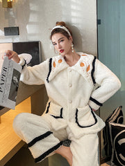 Casual Coral Fleece Jacquard Long Sleeve Lapel Collar Cardigan Top & Pants Pajamas Set