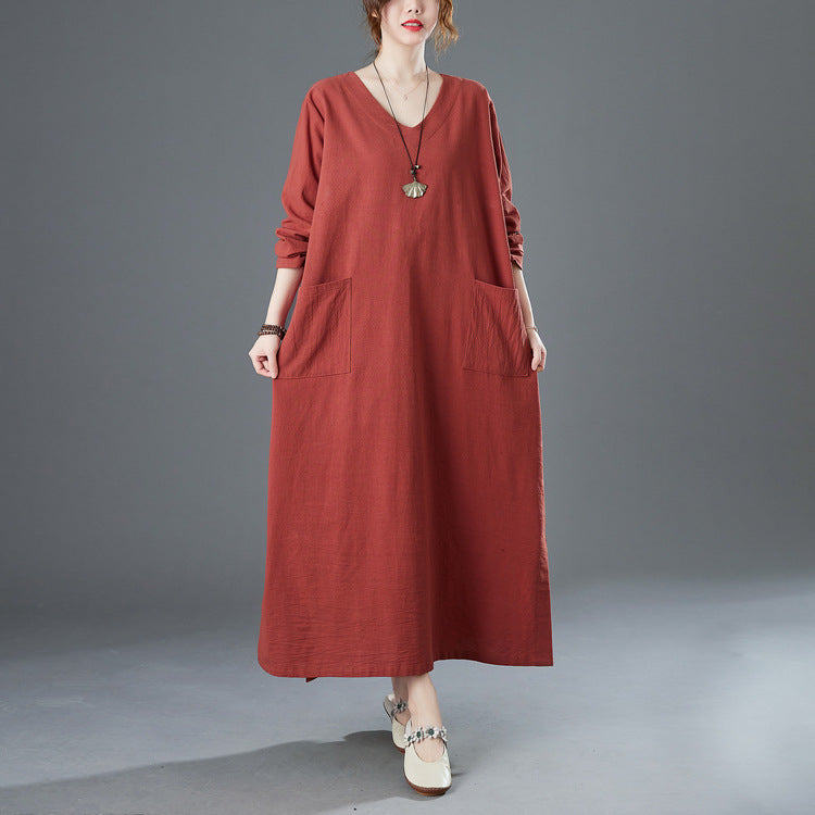 Vintage Solid Color V-Neck Midi Dress