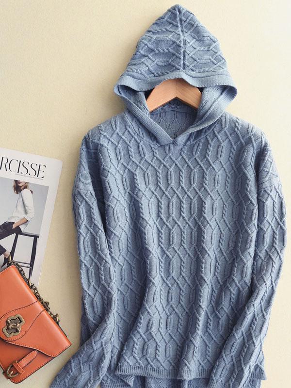 Cool Solid Knitting With-hat Sweater