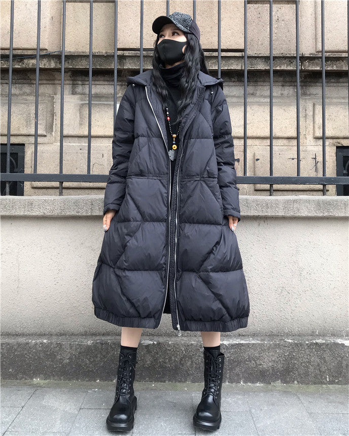 Large Size Loose Mid-Length Thick Hooded Down Coat