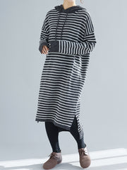 Women Loose Striped Lace Up Hooded Dress