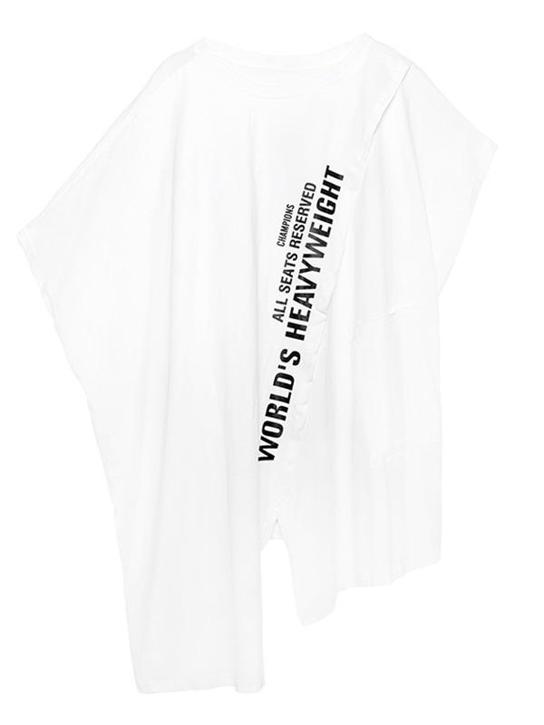 Cropped Letter Print Split-Front Round-Neck T-Shirt