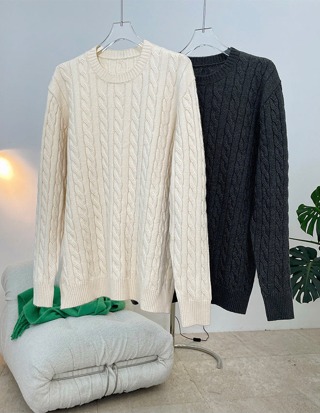 Cable Loose Round Neck Knitted Sweater Top