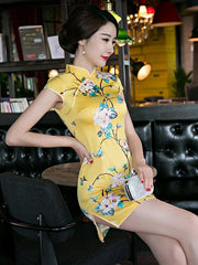 National Flower Printed Brilliant Yellow Short Slim Cheongsam Dress