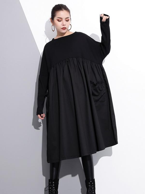 Roomy Black Split-joint Long Sleeves Dress