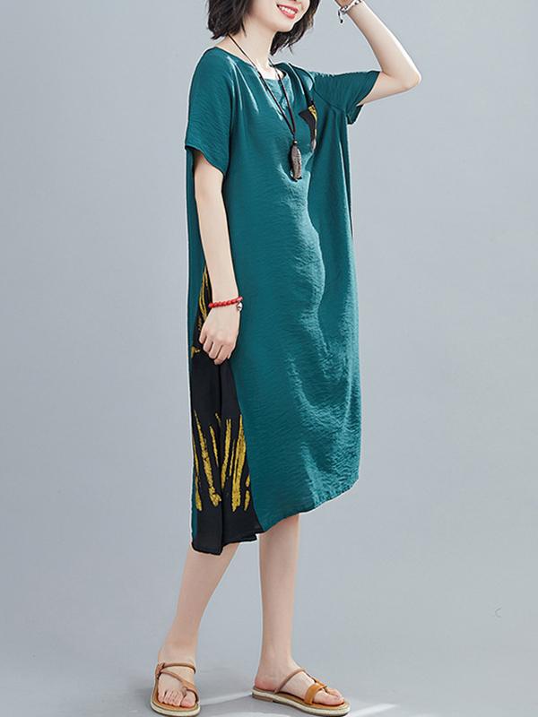 Loose Round Neck Printed Splicing Dress