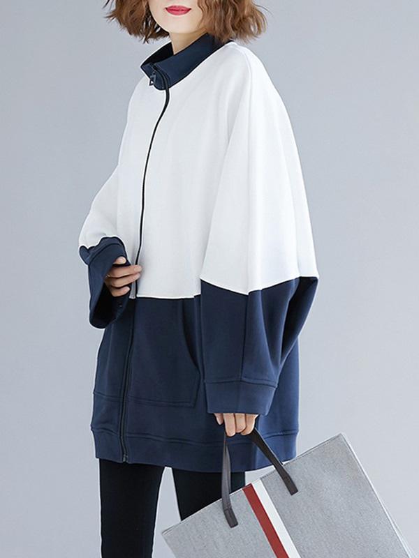 Contrast Color Bat Sleeve Zipper Outwear