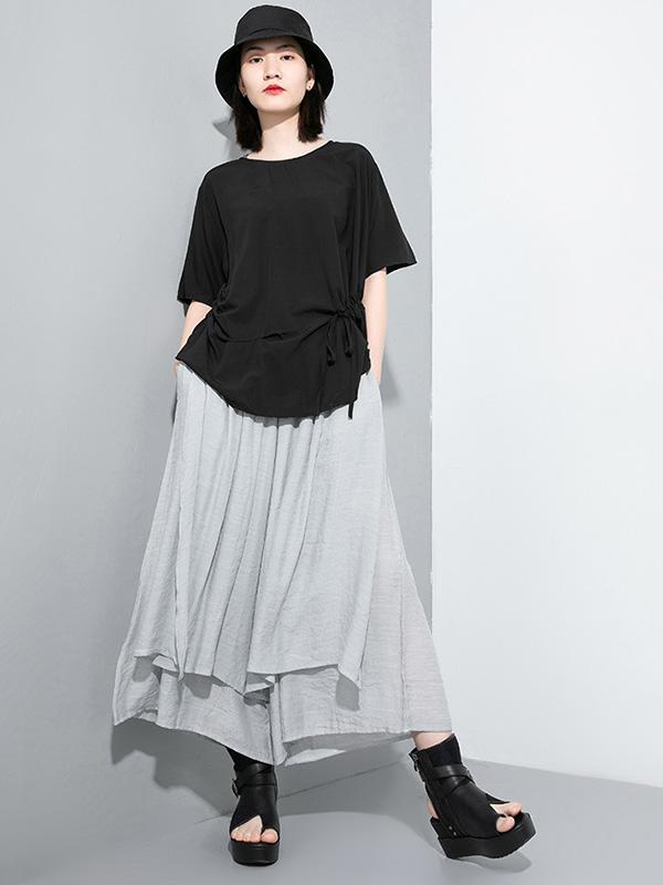 Simple Split-Joint Solid Lace-Up T-Shirt
