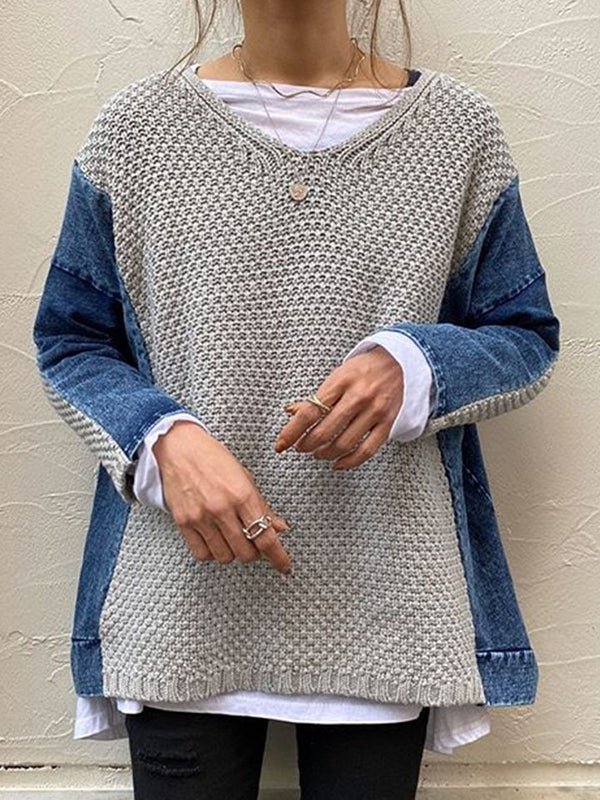 Denim Splicing Plaid Knitted Sweater