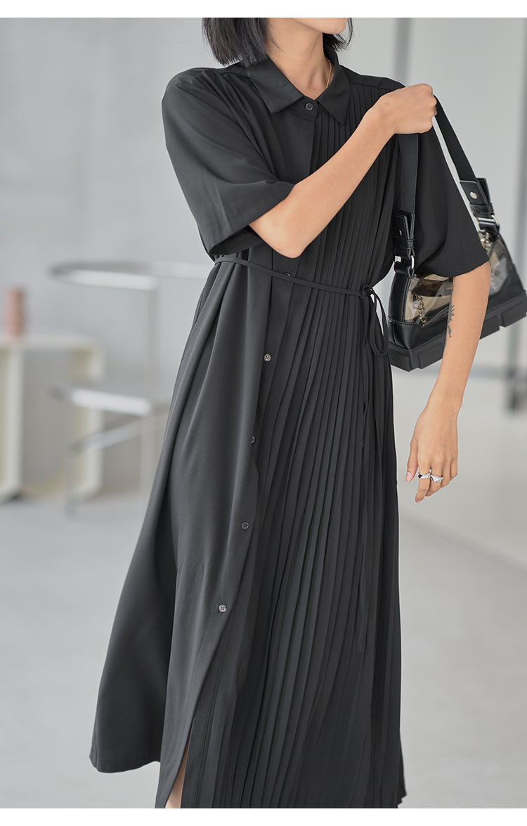 Lapel Solid Color Stitching Pleated Dress