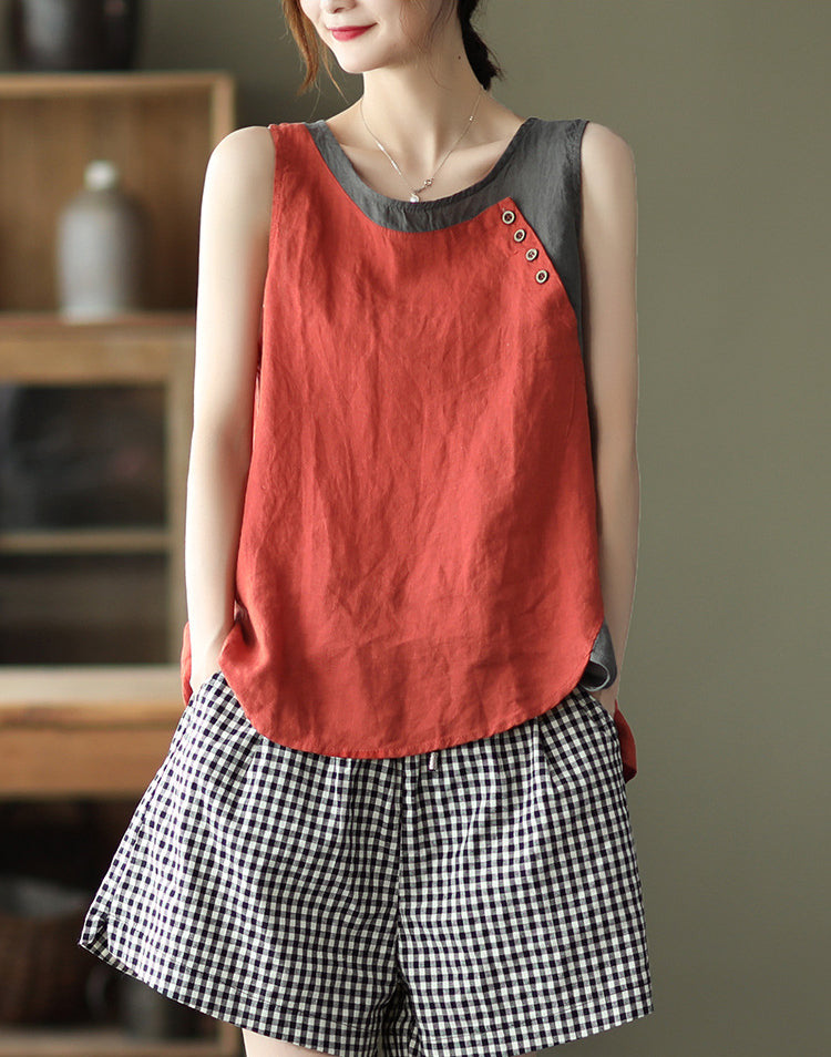 Round Neck Split-Joint Contrast Color Vest Top