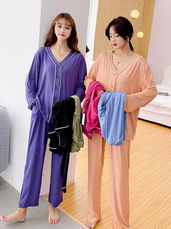 Two Pieces Solid Color Loose Comfort Tops And Pants Pajamas