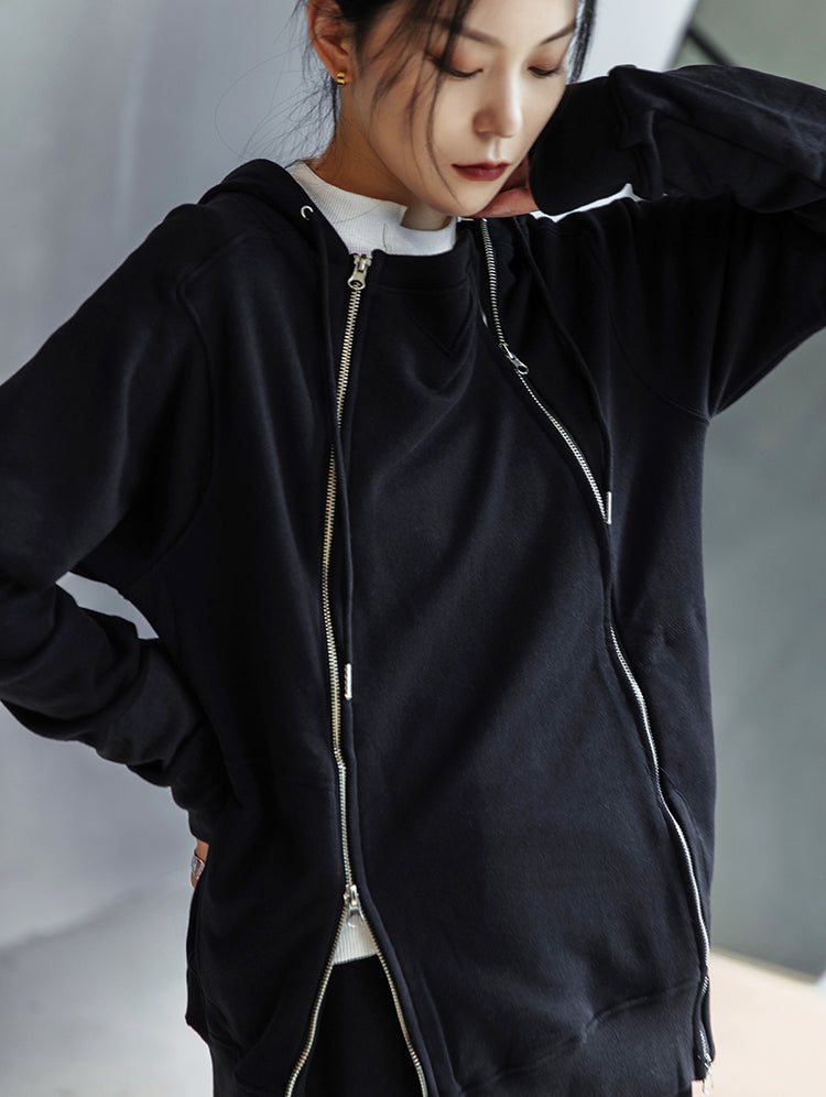 Double Zipper Design Casual Hooded Sweatshirt