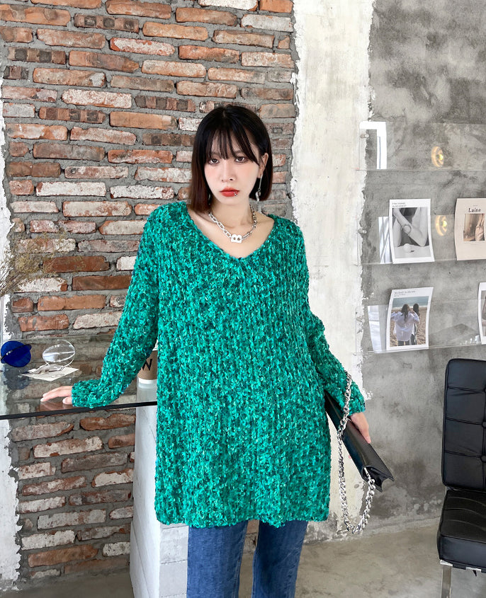 Loose V-Neck Long Sleeve Solid Color Knitted Sweater