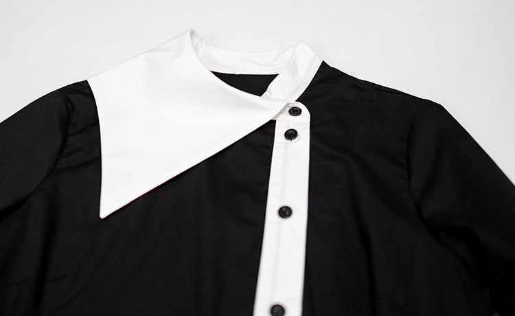 Women Irregular Contrasting Color Large Lapel Collar Casual Shirt