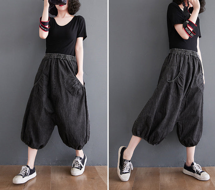 Solid Color Loose Elastic Waistband Pants