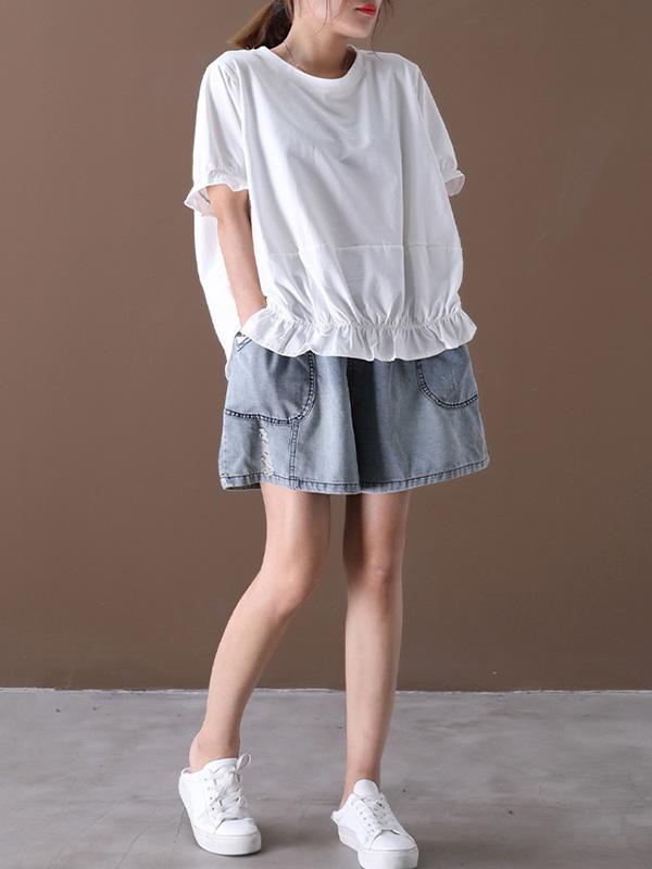 Simple Solid Pleats Falbala T-Shirt