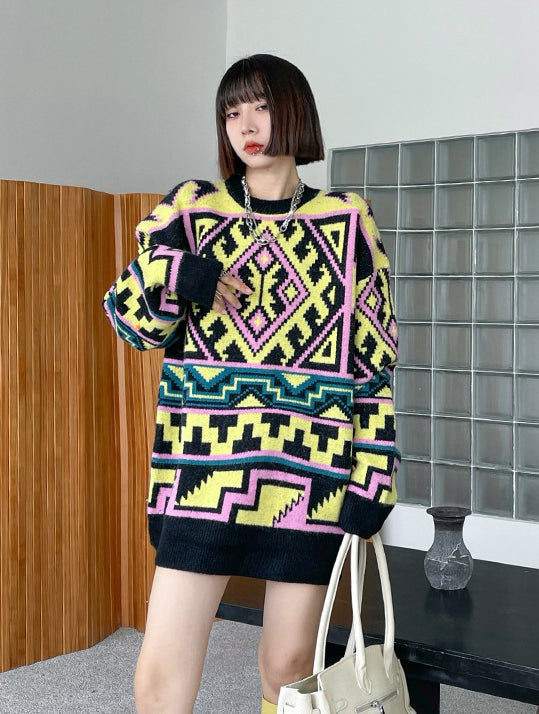 Ethnic Style Loose Geometric Jacquard Sweater