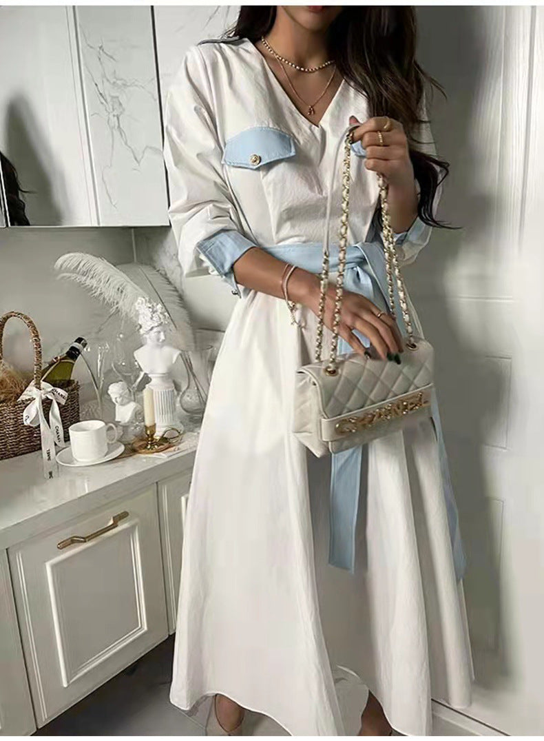 Retro Lace-Up Long-Sleeve V-Neck Midi Dress