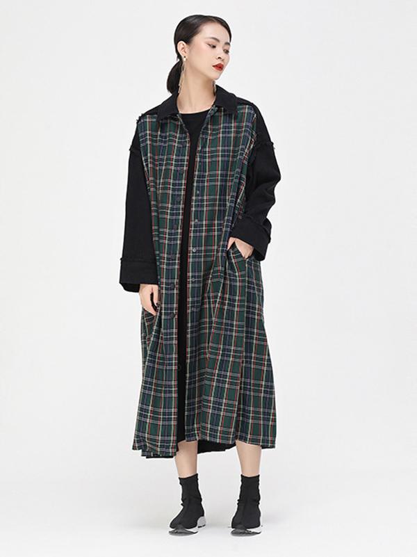 Casual Plaid Split-Joint  Long Shirt Dress