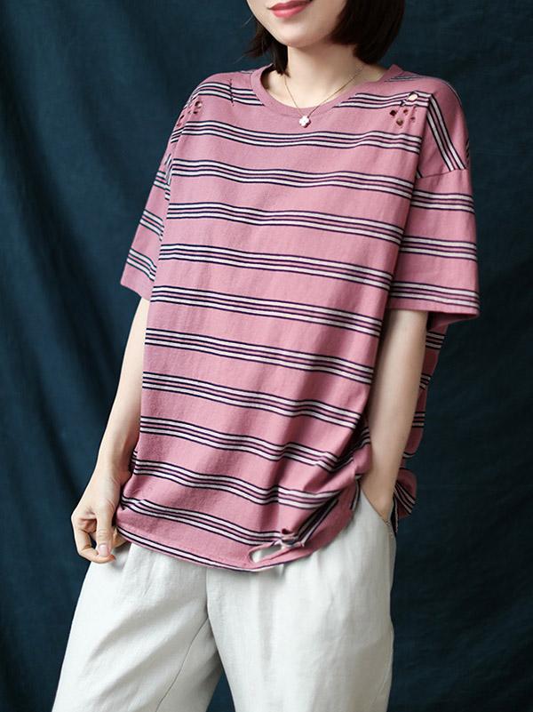 Loose Striped Round Neck Hollow T-Shirt