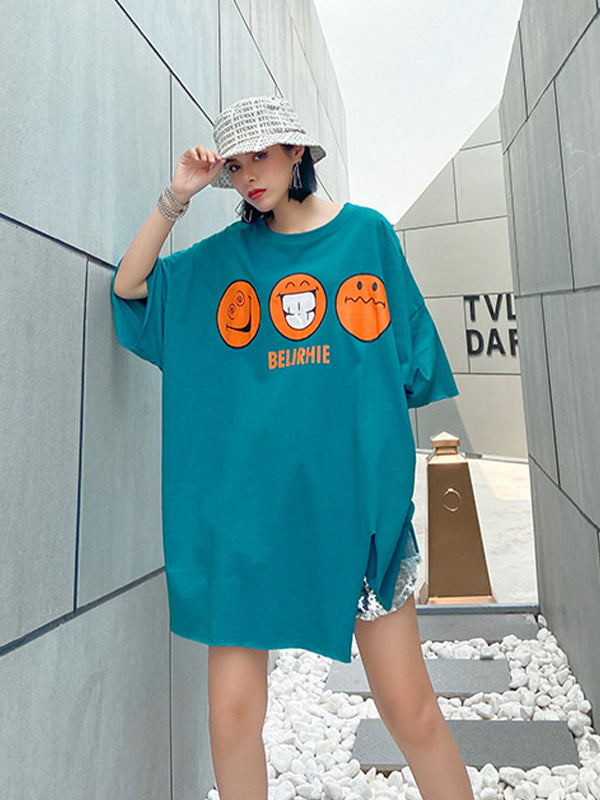 Women Loose Slimming Smiley Face Print Short Sleeve T-Shirt