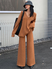 Casual Long Sleeves Pure Color V-Neck Sweater Top&Wide Leg Pants Two Pieces Set