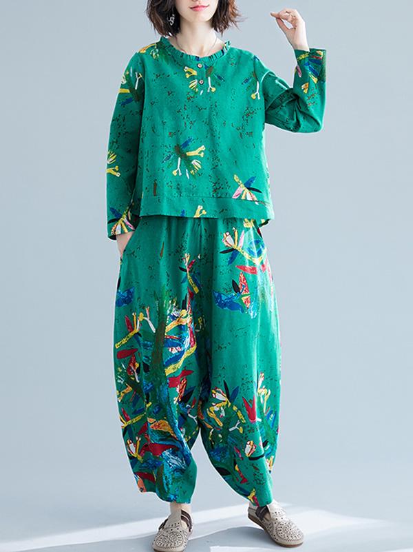 Casual Floral Printed Blouses&Pants Suits