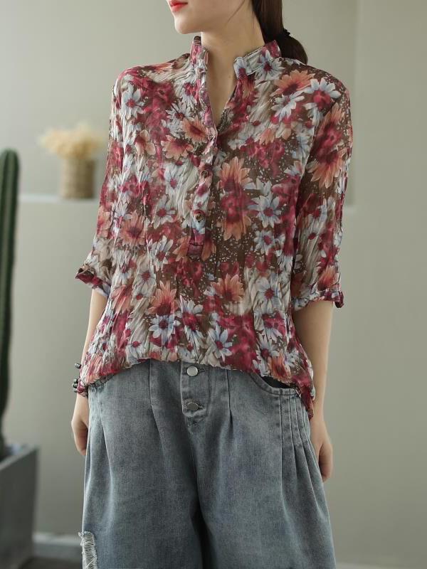 Vintage Floral Three-Quarter Sleeve Stand Collar Shirt