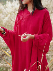 Vintage Solid Color Loose Button Bat Sleeve T-Shirt