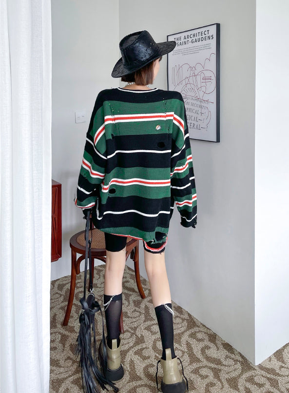 Ripped Casual Striped Knitted Sweater