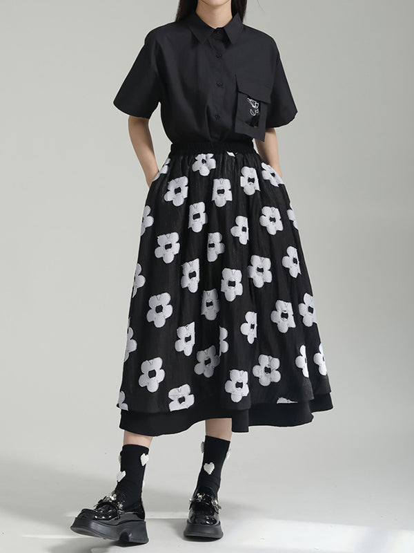 A-Line Roomy Flower-Embellished Contrast Color Split-Joint Skirts Bottoms