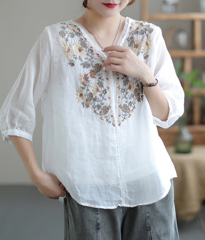 Vintage Embroidery V Neck Short Sleeve Thin T-Shirt