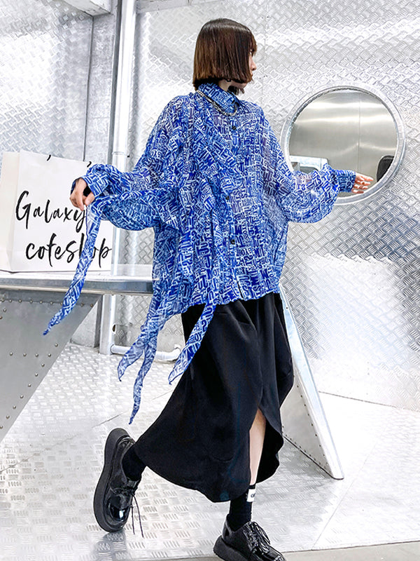 Lapel Look-Through Bat Sleeve Blouses Shirts Top
