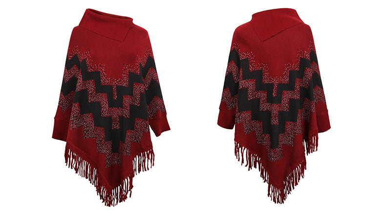 Loose Tassel Abstract Printed Knitted Shawl Sweater