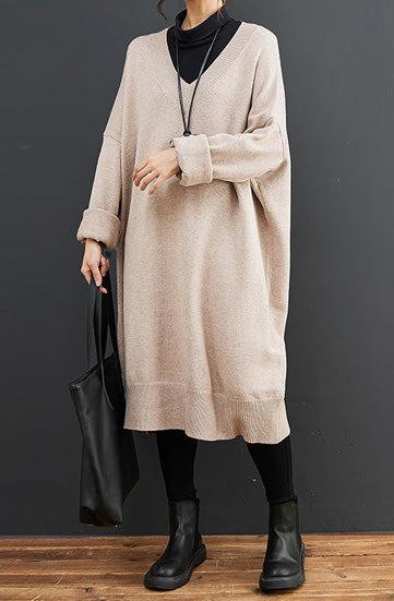 Large Size Simple Solid Color Mid-Length Knitted Sweater Dress