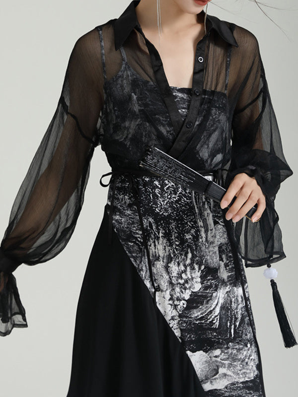 Long Sleeves Roomy Floral Lace-Up See-Through Split-Joint Lapel Blouses&Shirts Tops