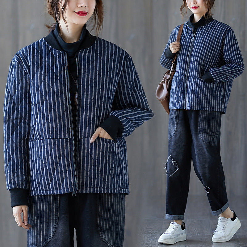 Women Retro Striped Loose Jacket